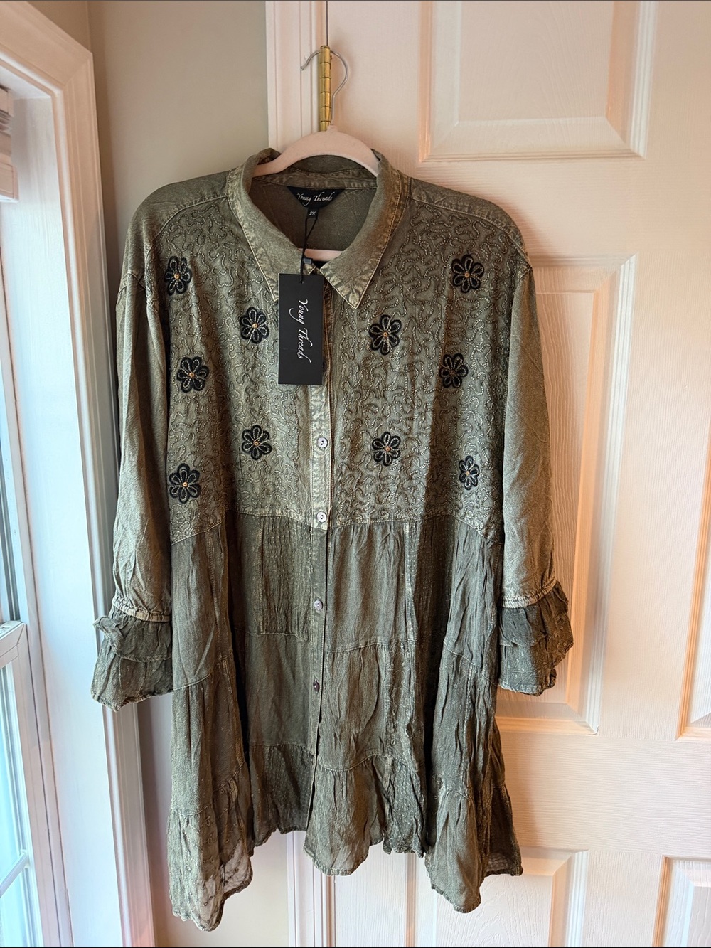 Young Thread Olive Embroidered Button-Front Tunic Boho Cardigan